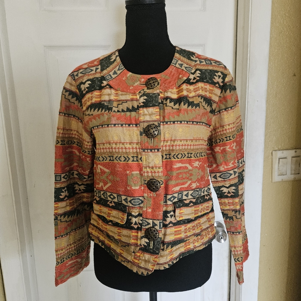 Chicos Womens Jacket Cropped Aztec Print Tan Red Green Metal Buttons Size 1 (S)